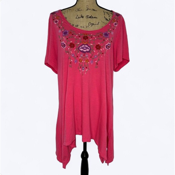 Terre Bleue Floral Embroidered Tunic Top Sz XL Pink Handkerchief Hem Boho Hippie - Picture 1 of 12